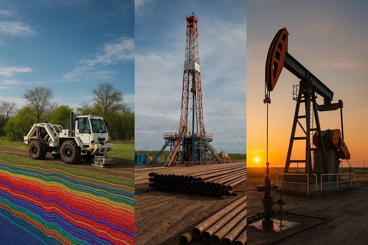 Oil and gas field operations with drilling rig and seismic survey